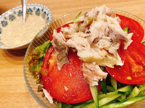 サバの塩焼きパワーサラダ★ごまマヨポン酢ソース